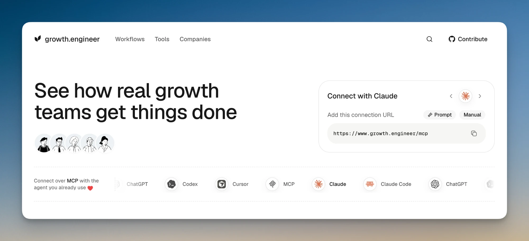 The growth.engineer home page, with the card that connects Claude to the MCP server